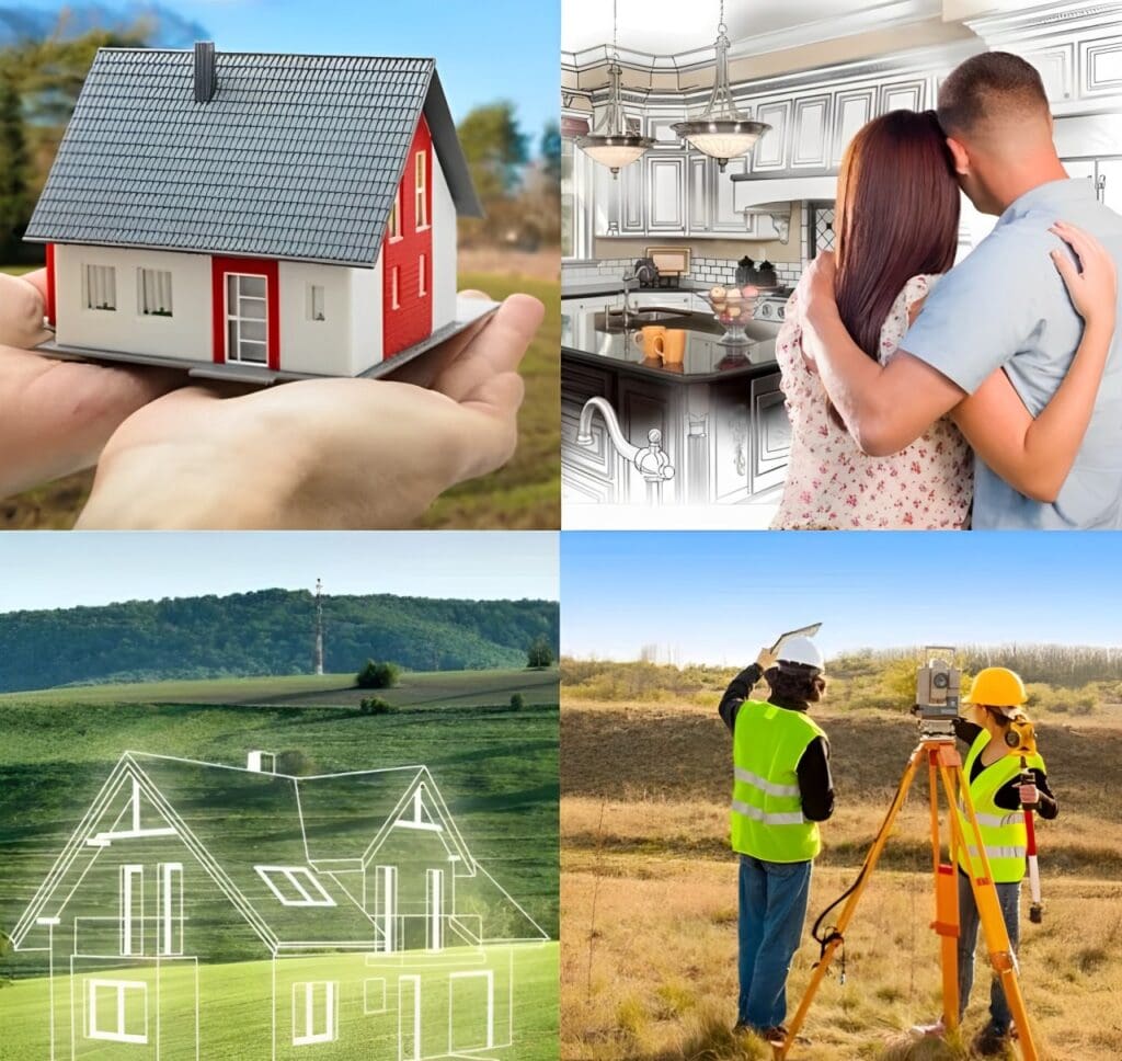A collage of four different pictures with people and houses.